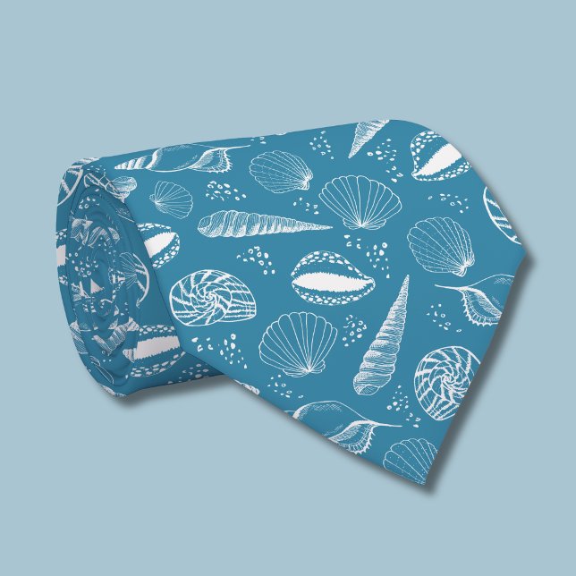 Cravate Motif coquillage bleu (Teal Blue Coastal Seashell beach pattern tie rolled)