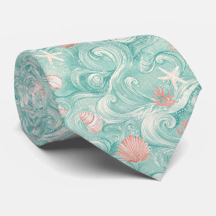 Cravate Motif Coquillages et Vagues Océaniques (3)