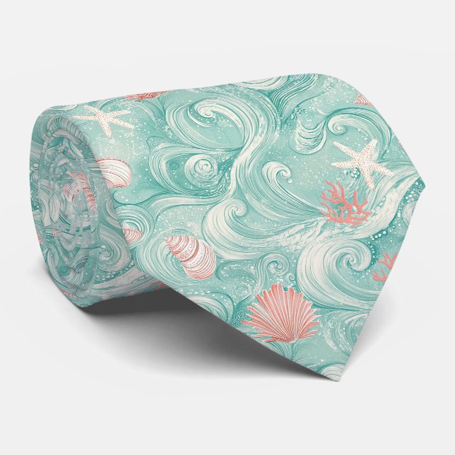 Cravate Motif Coquillages et Vagues Océaniques (3) (Roulé)