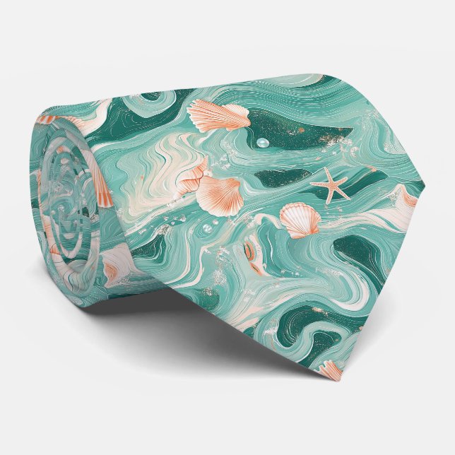 Cravate Motif Coquillages et Vagues Océaniques (6) (Roulé)