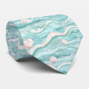 Cravate Motif coquillages et vagues océaniques aqua