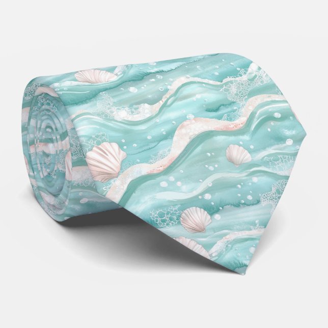 Cravate Motif coquillages et vagues océaniques aqua (Roulé)