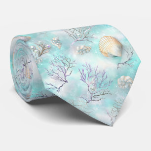 Cravate Motif coquillages et vagues océaniques Aqua (8)