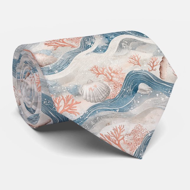 Cravate Motif Corail Coquillage Aqua Tropical (Roulé)