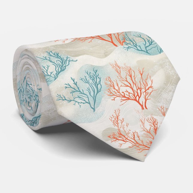 Cravate Motif corail côtier à l'aquarelle Boho Luxe (6) (Roulé)