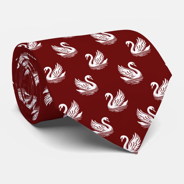 Cravate Motif cygne 02 - Blanc sur rouge foncé (Roulé)