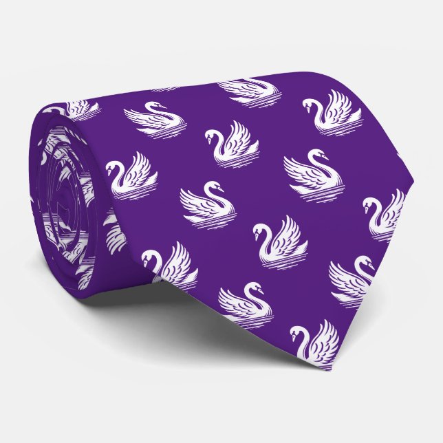 Cravate Motif cygne 02 - Blanc sur Royal Purple (Roulé)