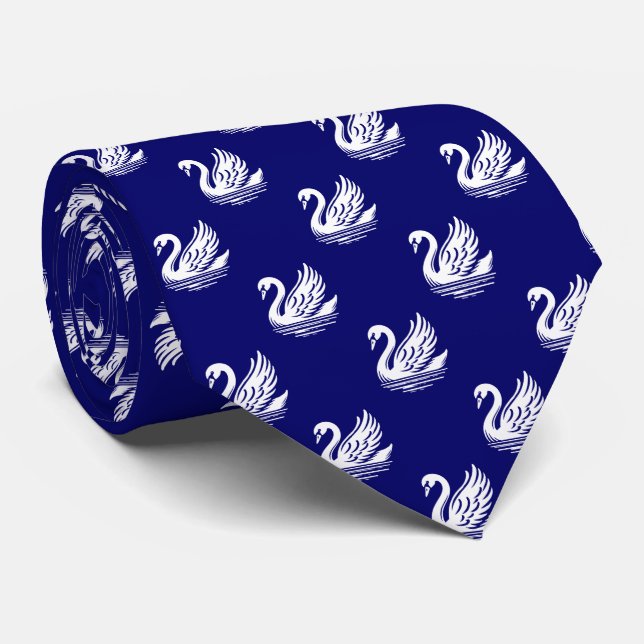Cravate Motif cygne - Blanc sur bleu marine profond (Roulé)