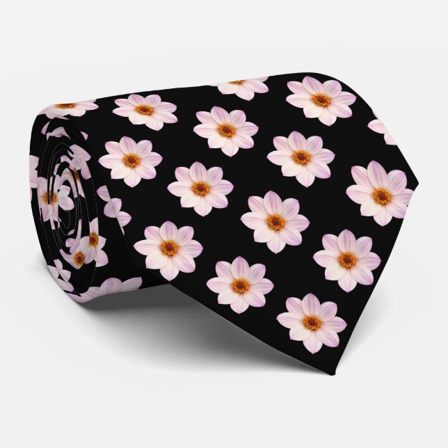 Cravate Motif Dahlia Rose - Couleur Complète sur Fond Noir (Roulé)