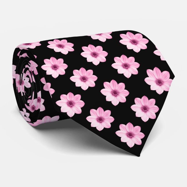 Cravate Motif Dahlia - rose et noir (Roulé)