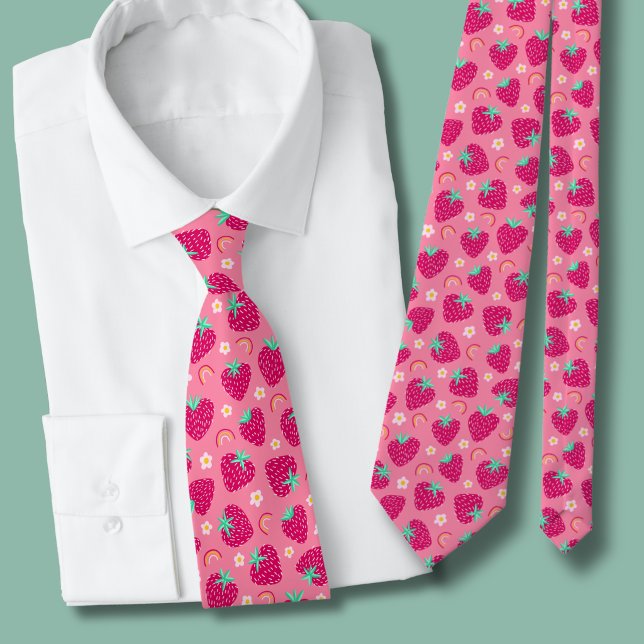 Cravate Motif Daisy Arc-en-ciel Fraise (Strawberry daisy rainbow summer tie)