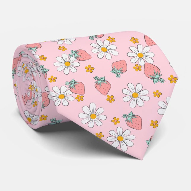 Cravate Motif Daisy Fraise d'Été  (Roulé)