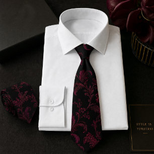 Cravate Motif damassé floral de Bourgogne noir en continu 