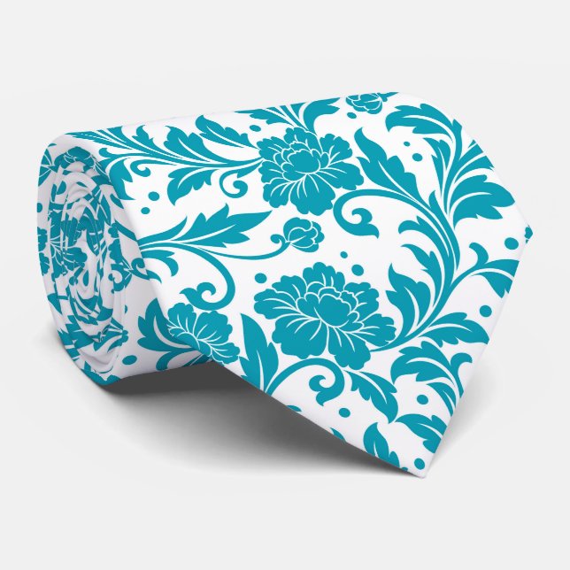 Cravate Motif damassé floral turquoise et blanc (Roulé)