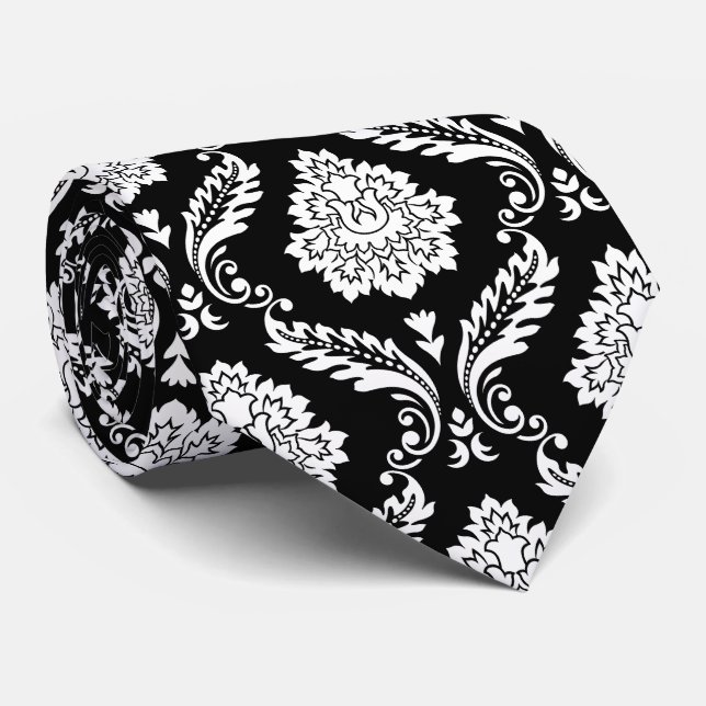 Cravate Motif Damassé Rococo Blanc sur Noir (Roulé)