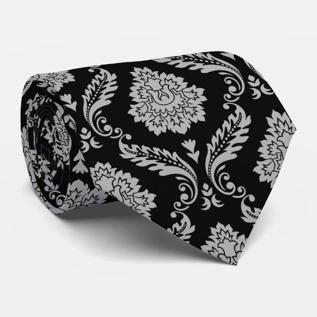 Cravate Motif Damassé Rococo Gris sur Fond Noir (Roulé)