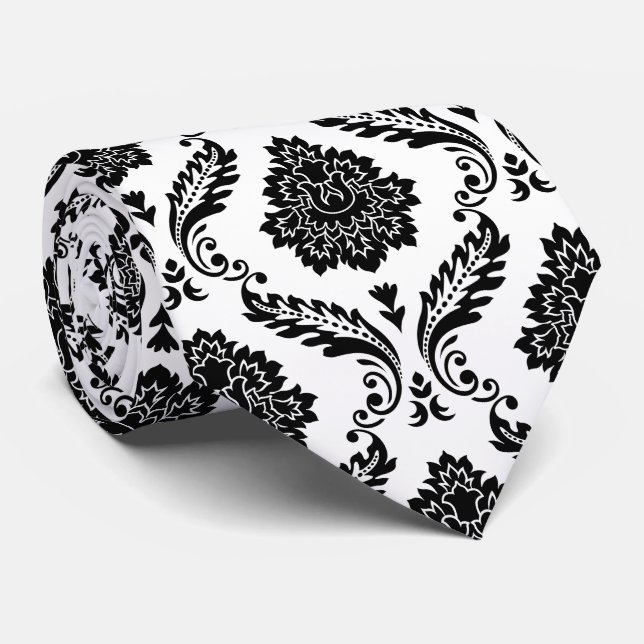 Cravate Motif Damassé Rococo Noir sur Blanc (Roulé)