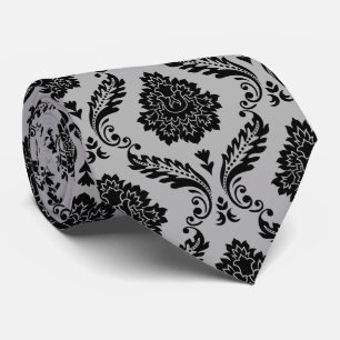 Cravate Motif Damassé Rococo Noir sur Gris