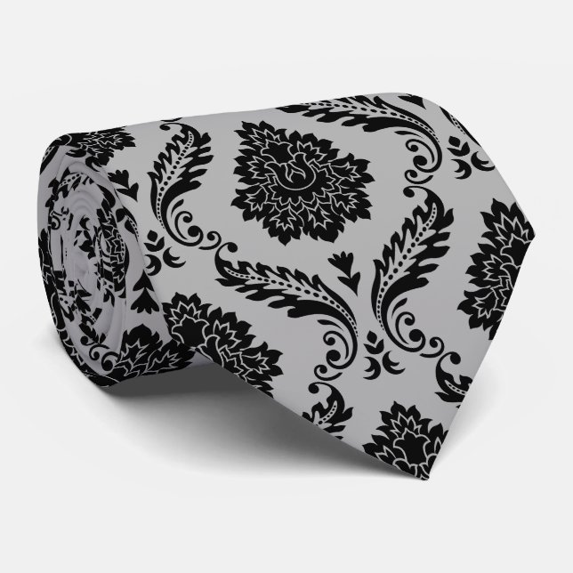 Cravate Motif Damassé Rococo Noir sur Gris (Roulé)