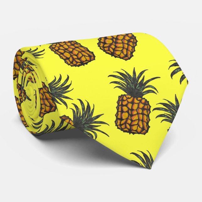 Cravate motif d'ananas tropical peint à la main (Roulé)