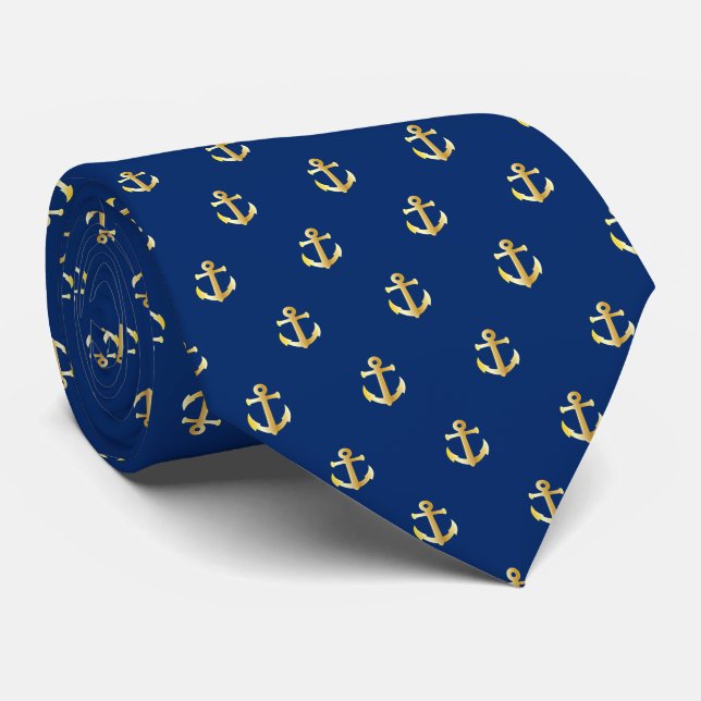 Cravate Motif d'ancres nautiques en or faux chic (Roulé)