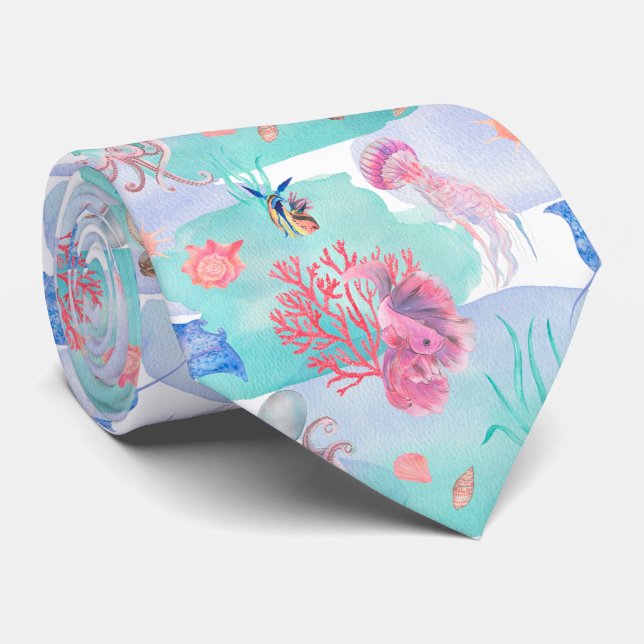 Cravate Motif d'animaux marins à l'aquarelle  (Roulé)