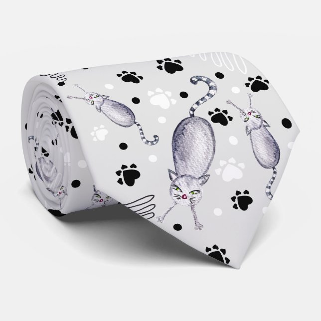 Cravate Motif D'Aquarelle Chats Et Pâtes (Roulé)