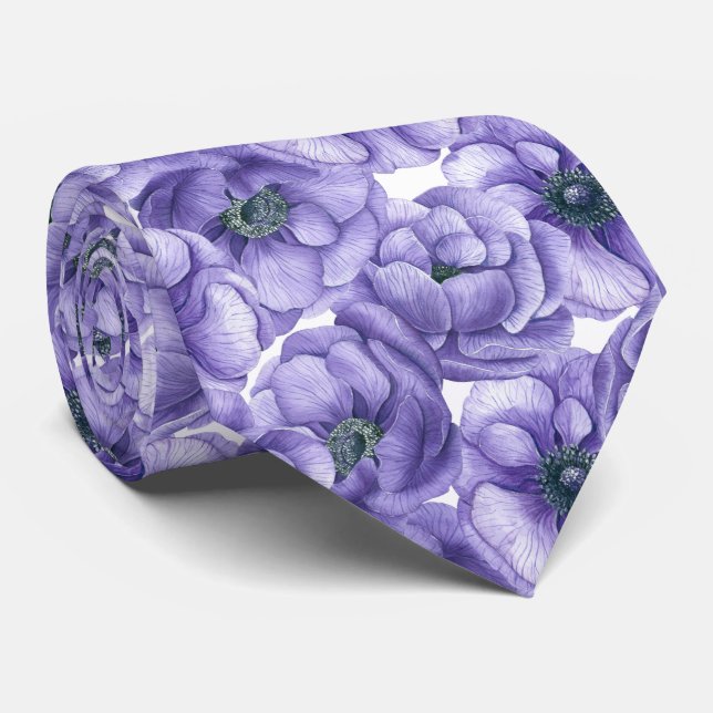 Cravate Motif d'aquarelle de fleurs d'anémone violet (Roulé)