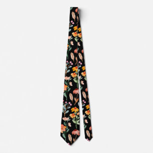 Cravate Motif d'aquarelle Fleur sauvage noir moderne
