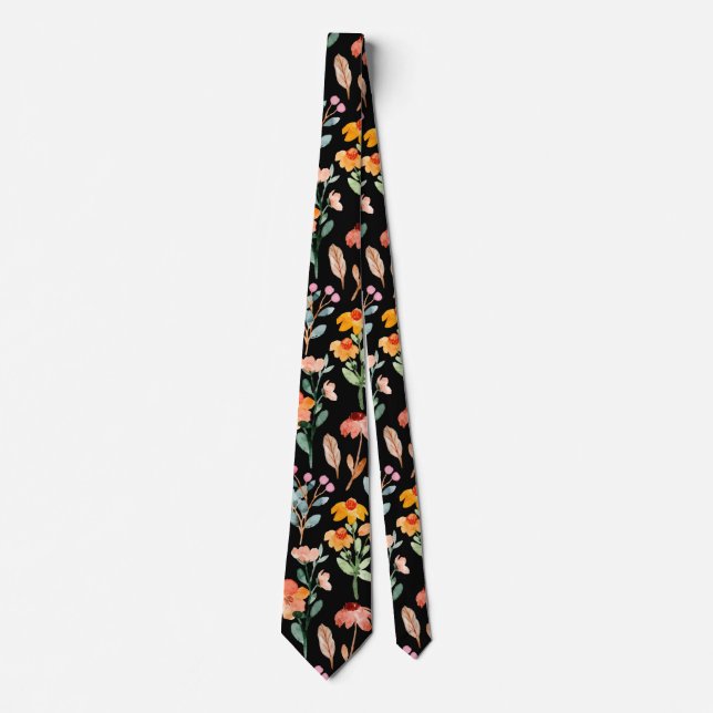 Cravate Motif d'aquarelle Fleur sauvage noir moderne (Devant)