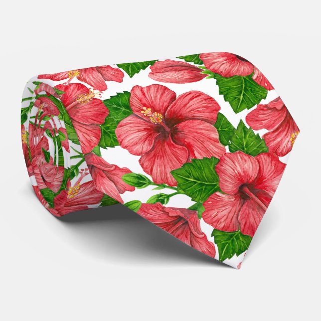 Cravate motif d'aquarelle rouge hibiscus (Roulé)