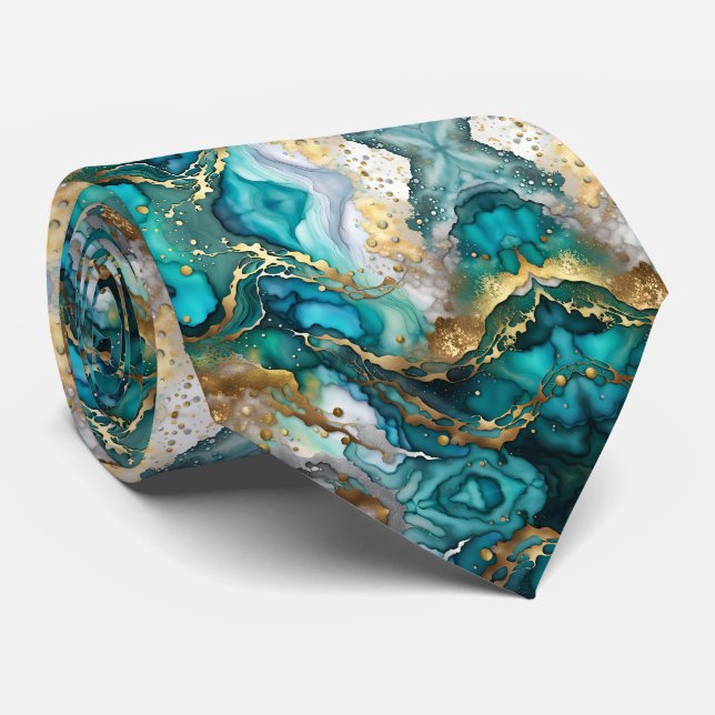 Cravate Motif d'art fluide en marbre sarcelle et or de lux (Roulé)