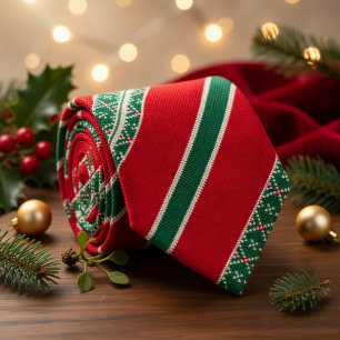 Cravate Motif de broderie de Noël rouge et vert