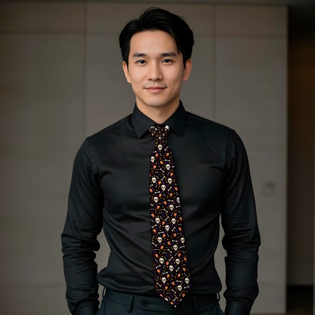 Cravate Motif de café noir Halloween crâne os (Créateur téléchargé)