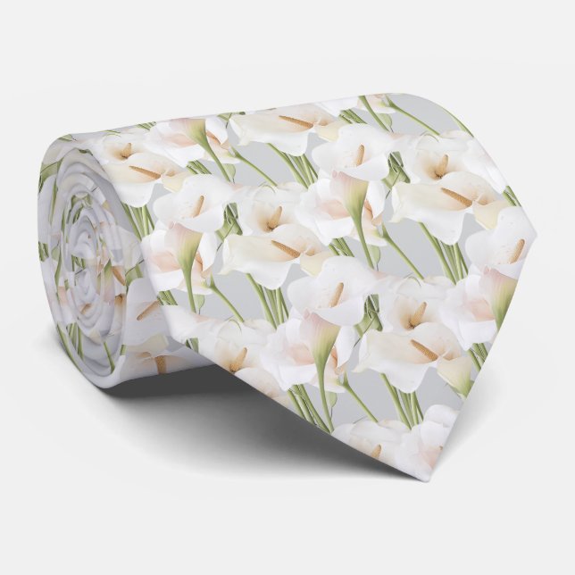 Cravate motif de calla lily sur gris clair (Roulé)