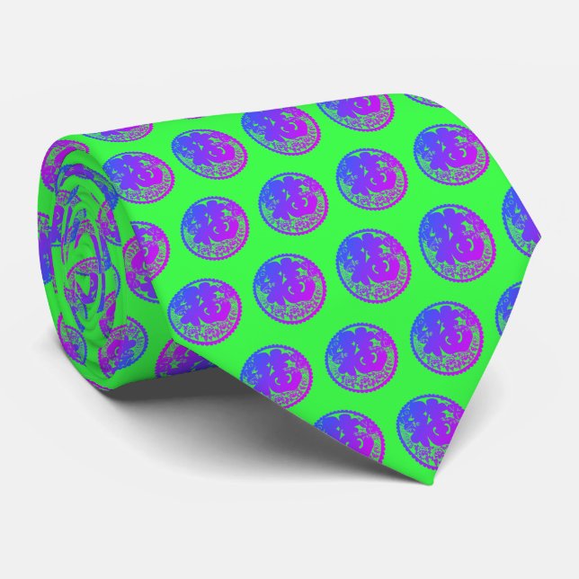Cravate Motif de caractères chinois vert pourpre (Roulé)