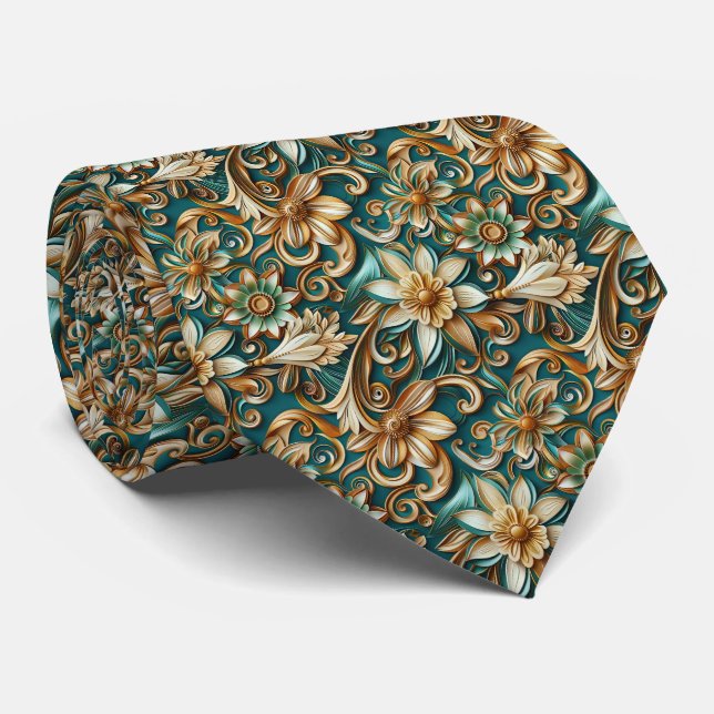 Cravate Motif de carrelage floral sarcelle élégant  (Roulé)