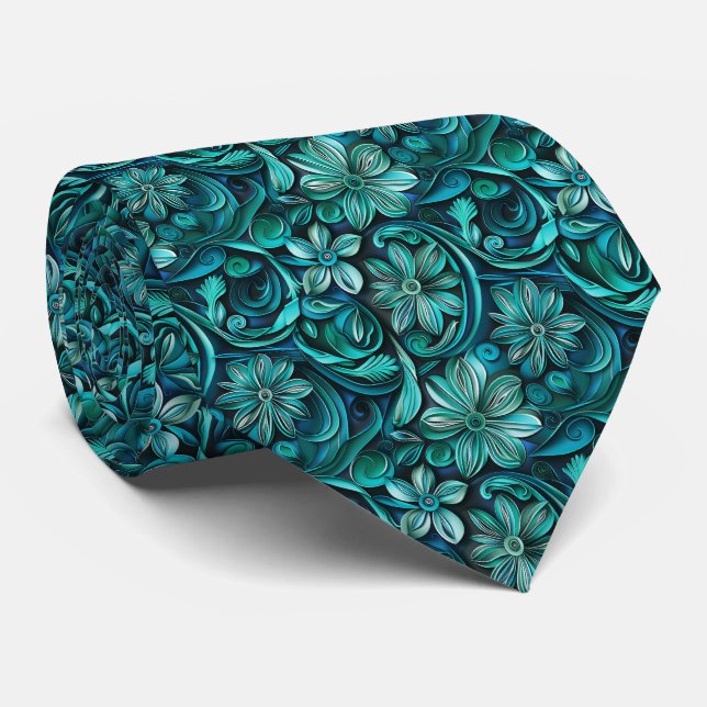 Cravate Motif de carrelage floral sarcelle élégant  (Roulé)