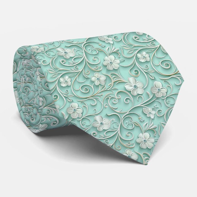 Cravate Motif de carrelage floral sarcelle élégant  (Roulé)