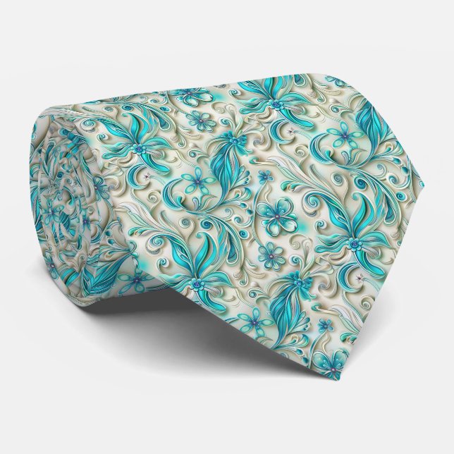 Cravate Motif de carrelage floral sarcelle élégant  (Roulé)