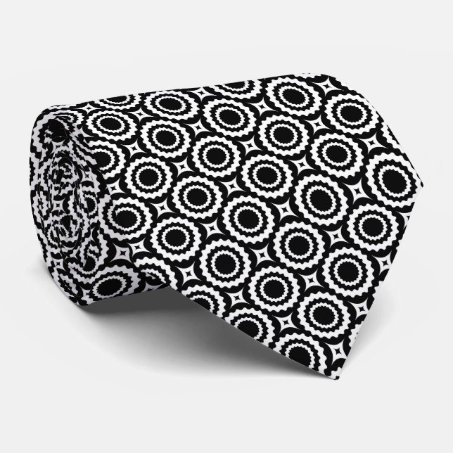 Cravate Motif de cercles zigzag noir blanc mignon (Roulé)