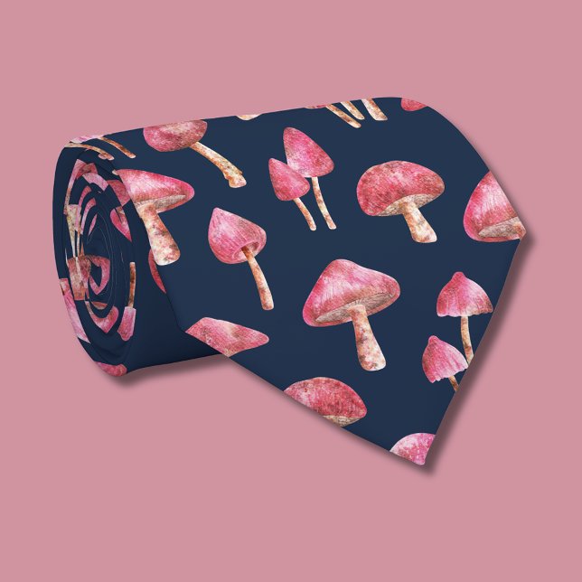 Cravate Motif de champignons roses (pink mushroom tie (rolled) on navy)