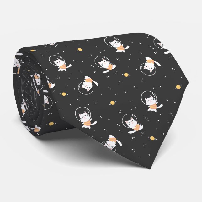 Cravate Motif de chat astronaute mignon avec fond noir (Roulé)