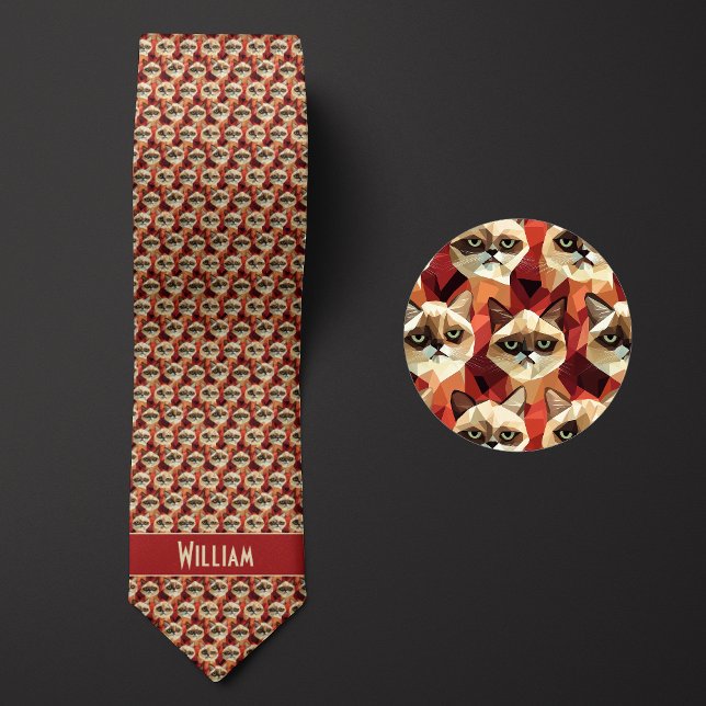 Cravate Motif de chat géométrique rouge brique (Créateur téléchargé)