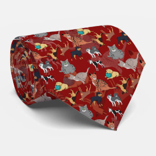 Cravate Motif de chats et de chiens sur fond rouge