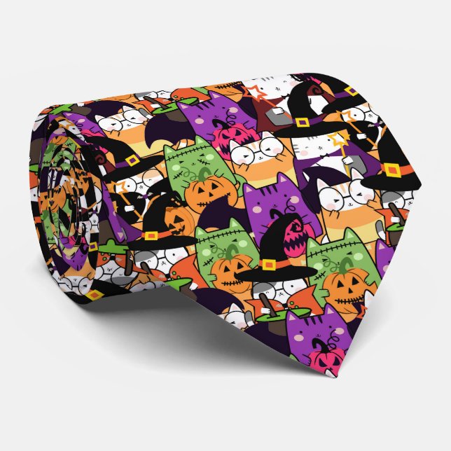 Cravate Motif de chats Halloween Kawaii (Roulé)