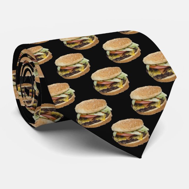 Cravate Motif de cheeseburger sur le noir (Roulé)