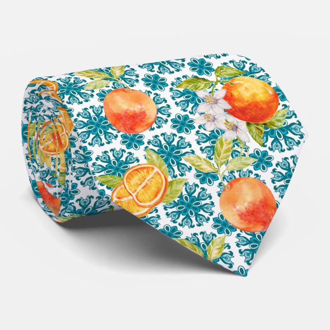 Cravate Motif de citron agrumes méditerranéen (Roulé)