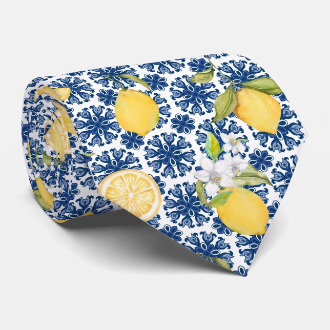 Cravate Motif de citron agrumes méditerranéen (Roulé)
