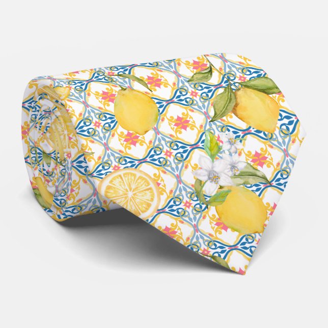 Cravate Motif de citron agrumes méditerranéen (Roulé)